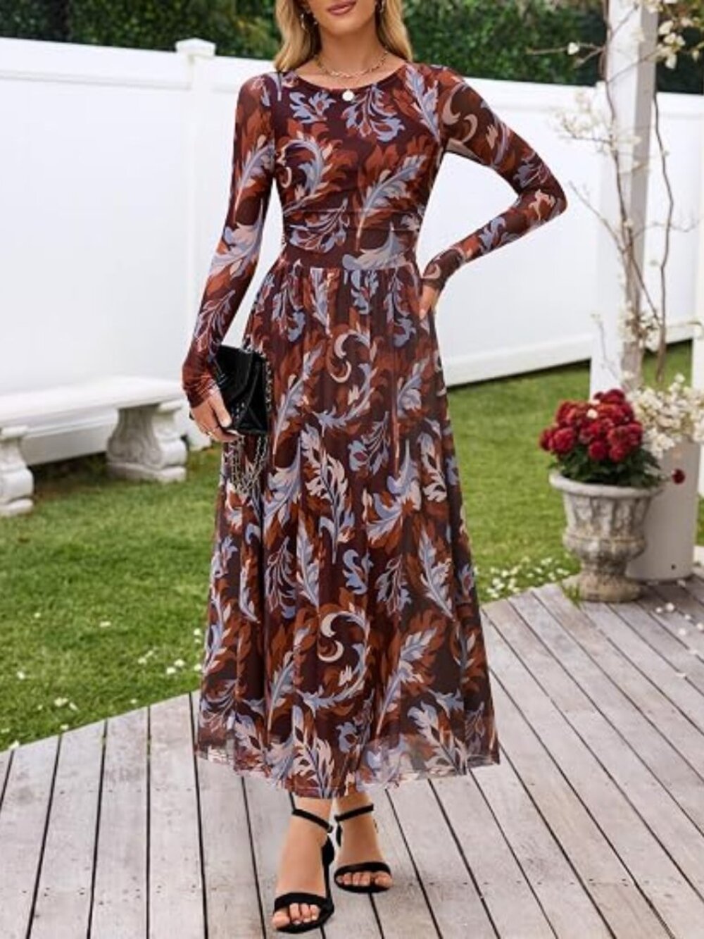 Women's Fall Wedding Guest Cocktail Long Sleeve Floral Maxi Dress
